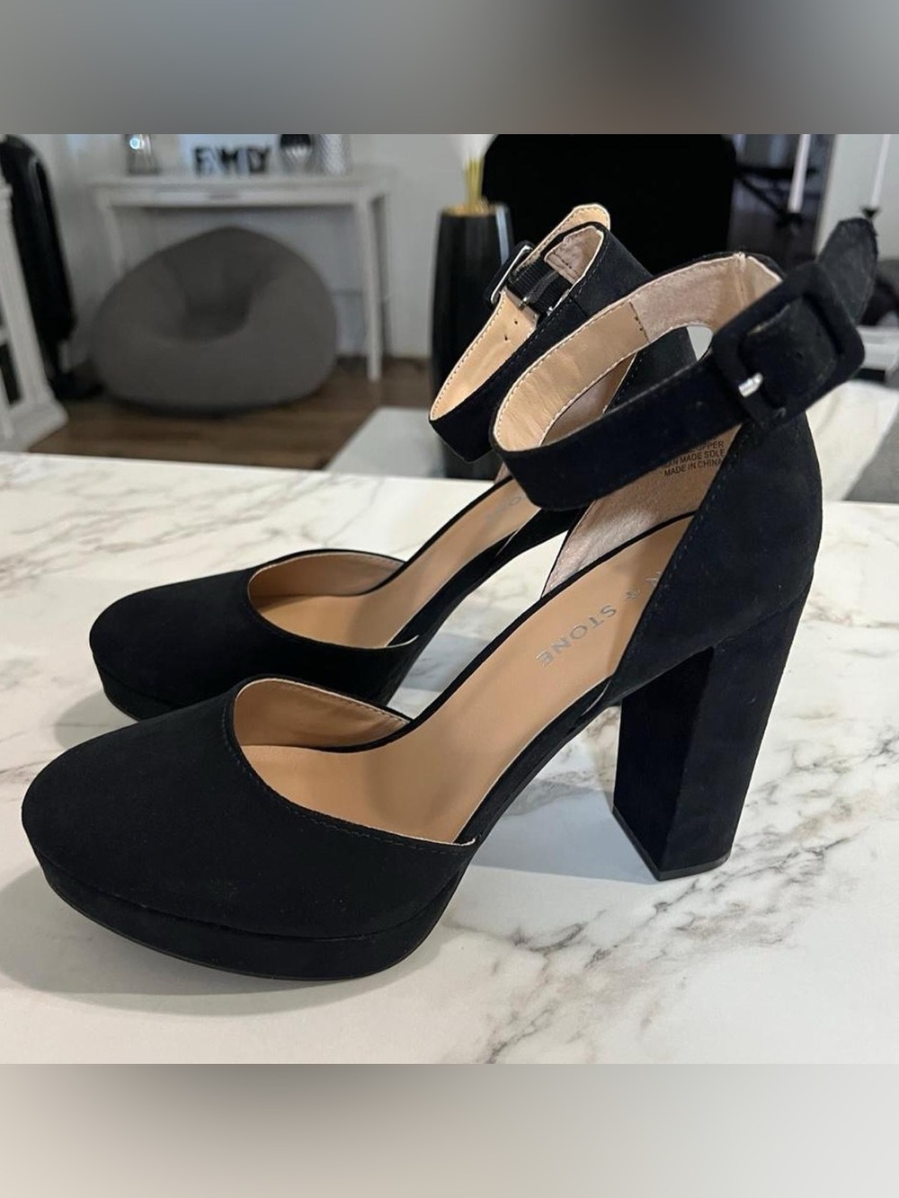 Sun + Stone Black Suede Heels with ankle strap
